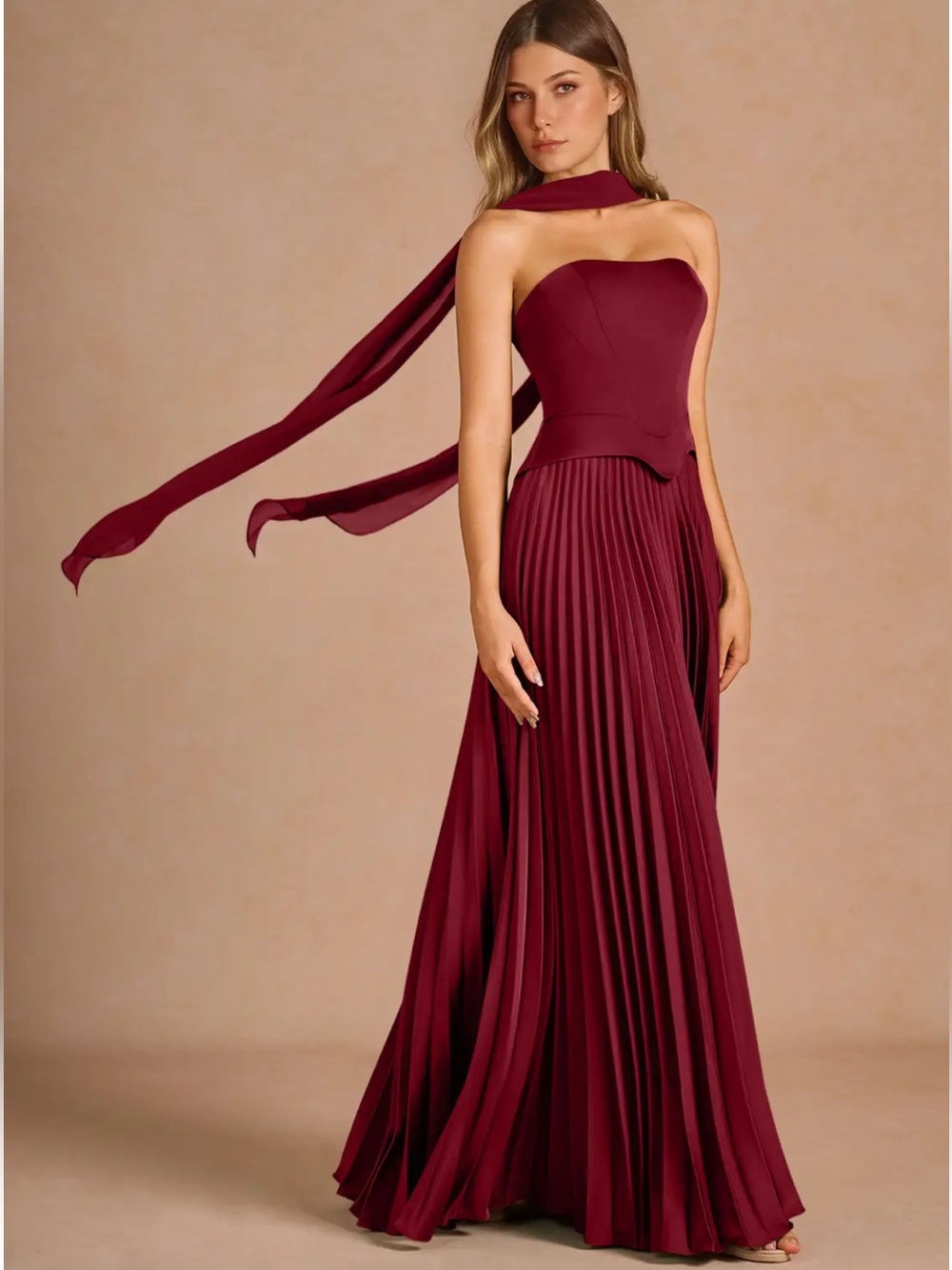Azazie Strapless Pleated Gala Dress in Burgundy